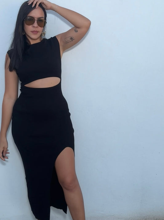 black front cut out midi dress side slit woman