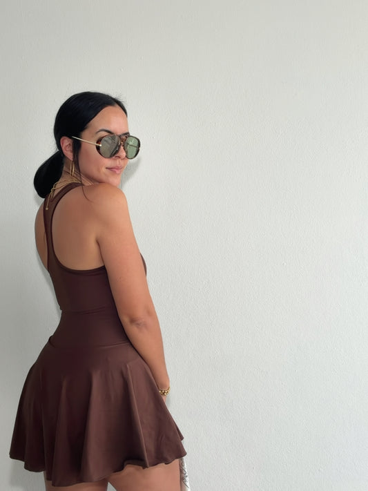 Brown Sporty Chic Dress with Pocket Shorts