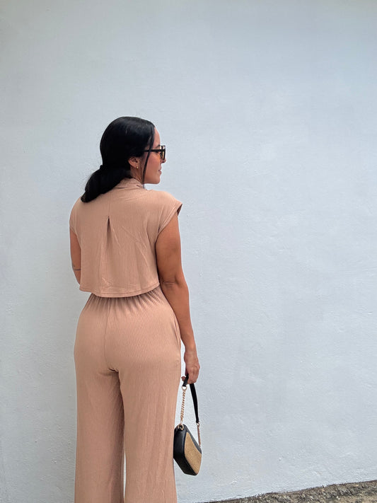 Beige Cut Out Back Wide Leg Jumpsuit