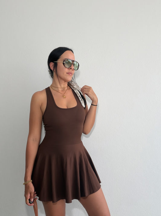 Brown Sporty Chic Dress with Pocket Shorts
