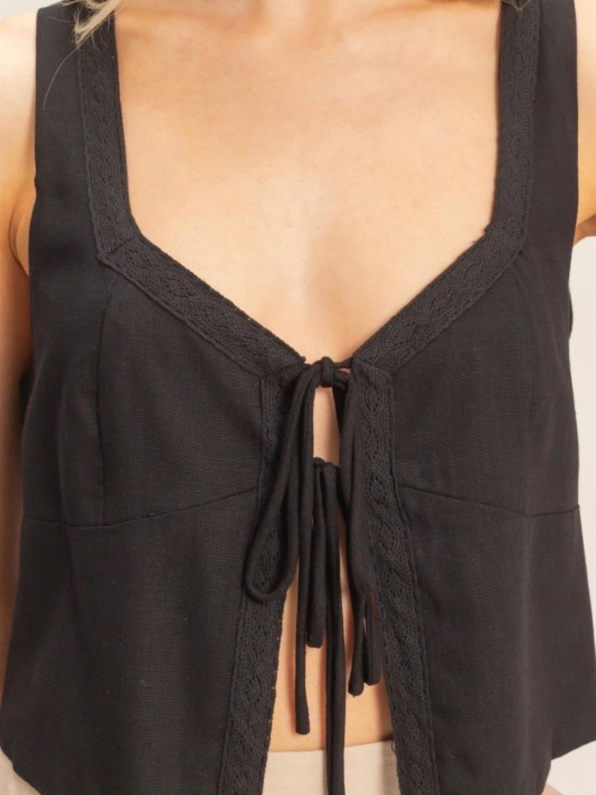 Black Linen Tie-front Top