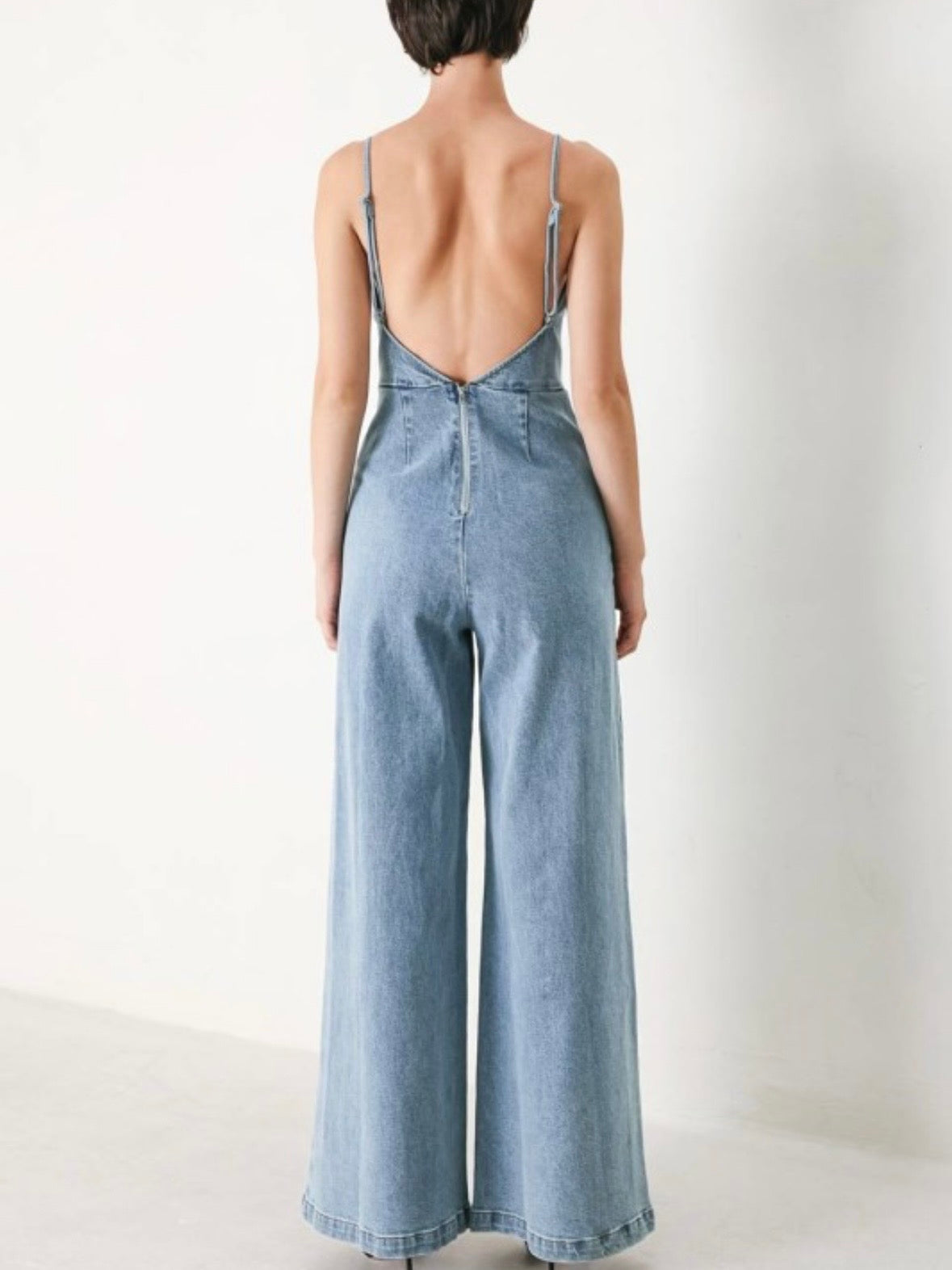 Denim Open Back Wide Leg Jumpsuit