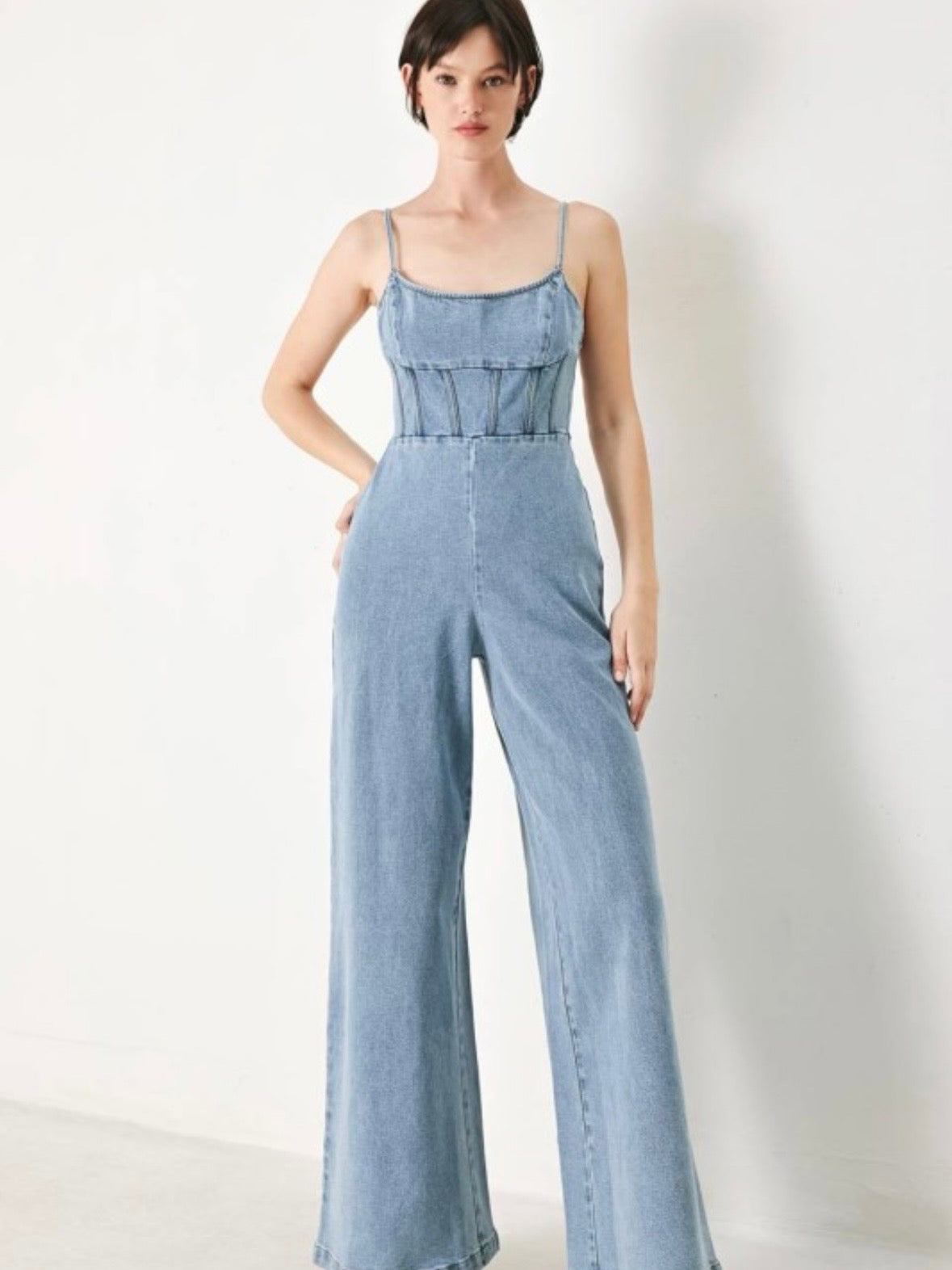 Denim Open Back Wide Leg Jumpsuit
