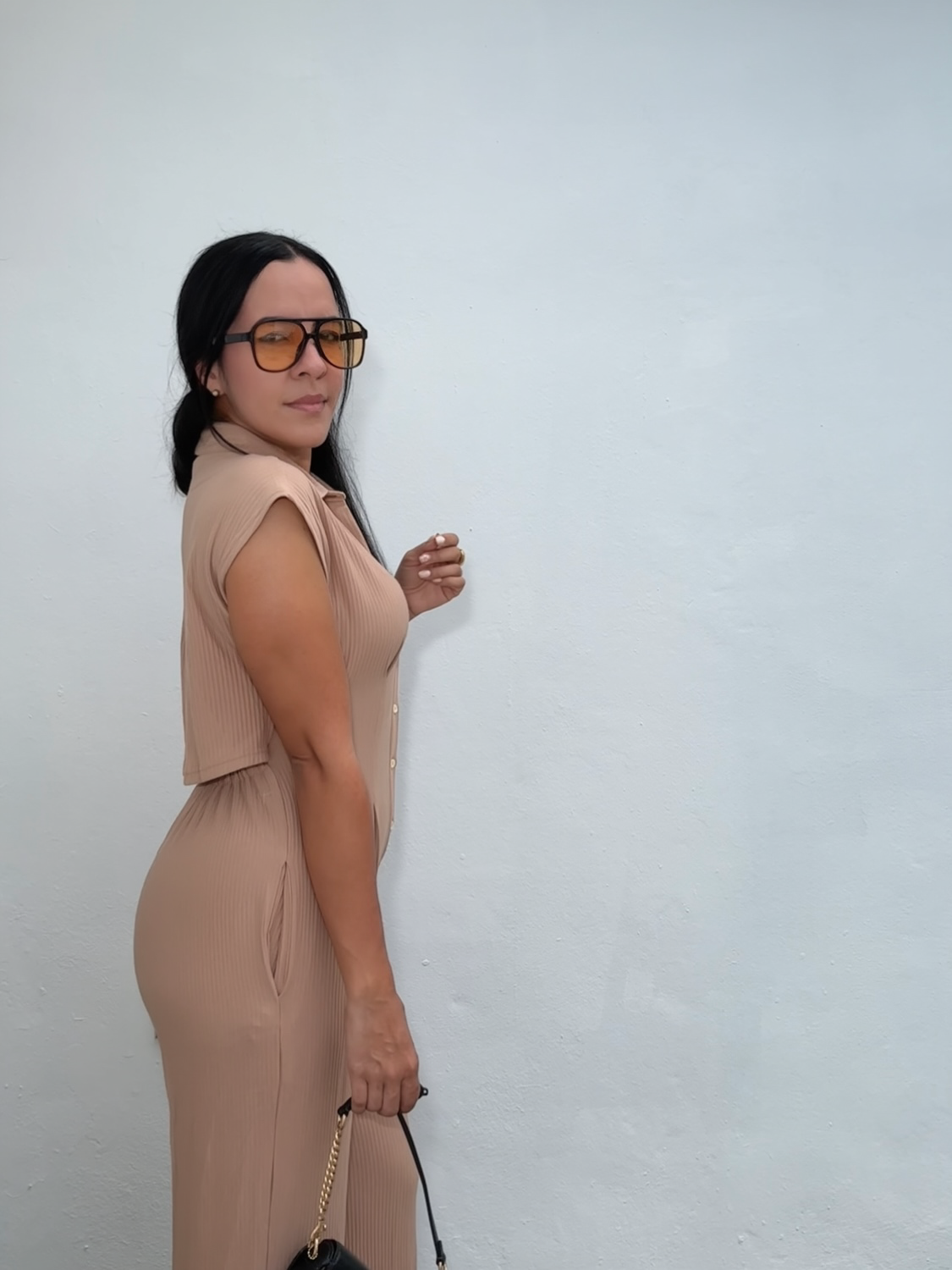 back detail cut out beige jumpsuit elastic waist