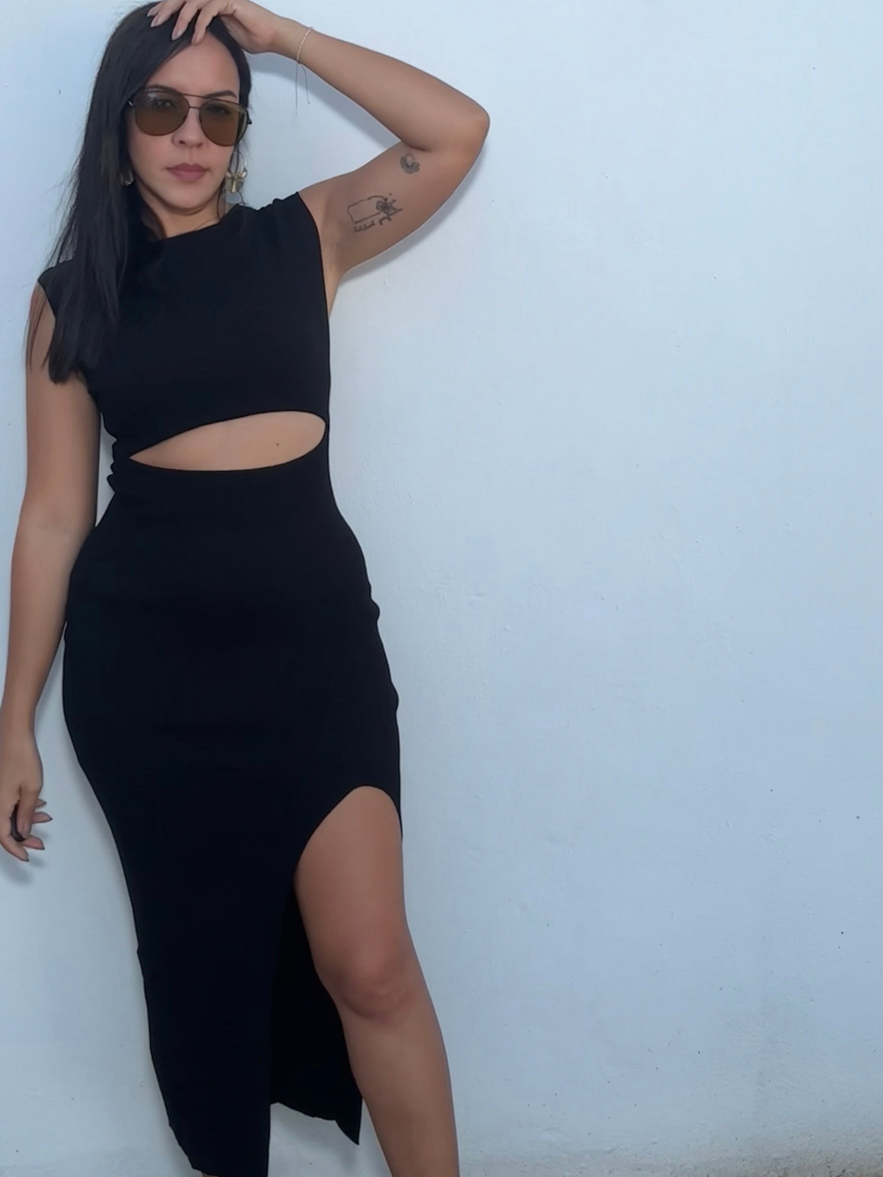 black front cut out midi dress side slit woman