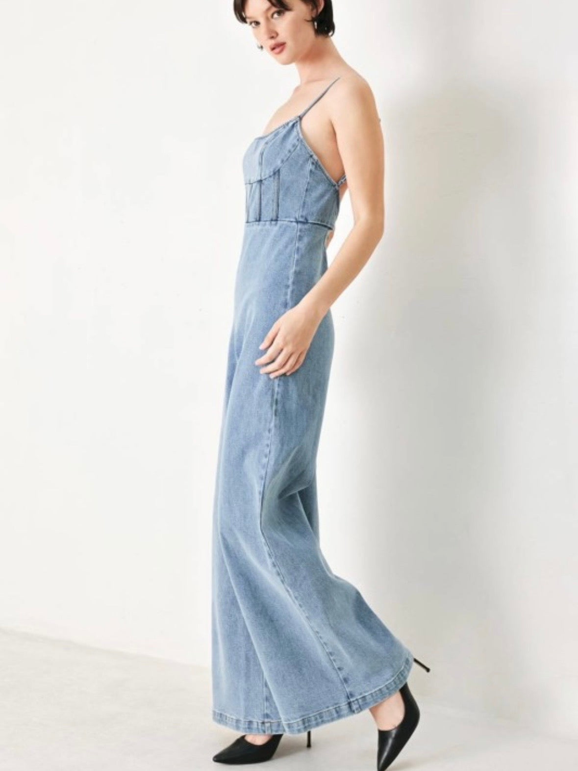 Denim Open Back Wide Leg Jumpsuit