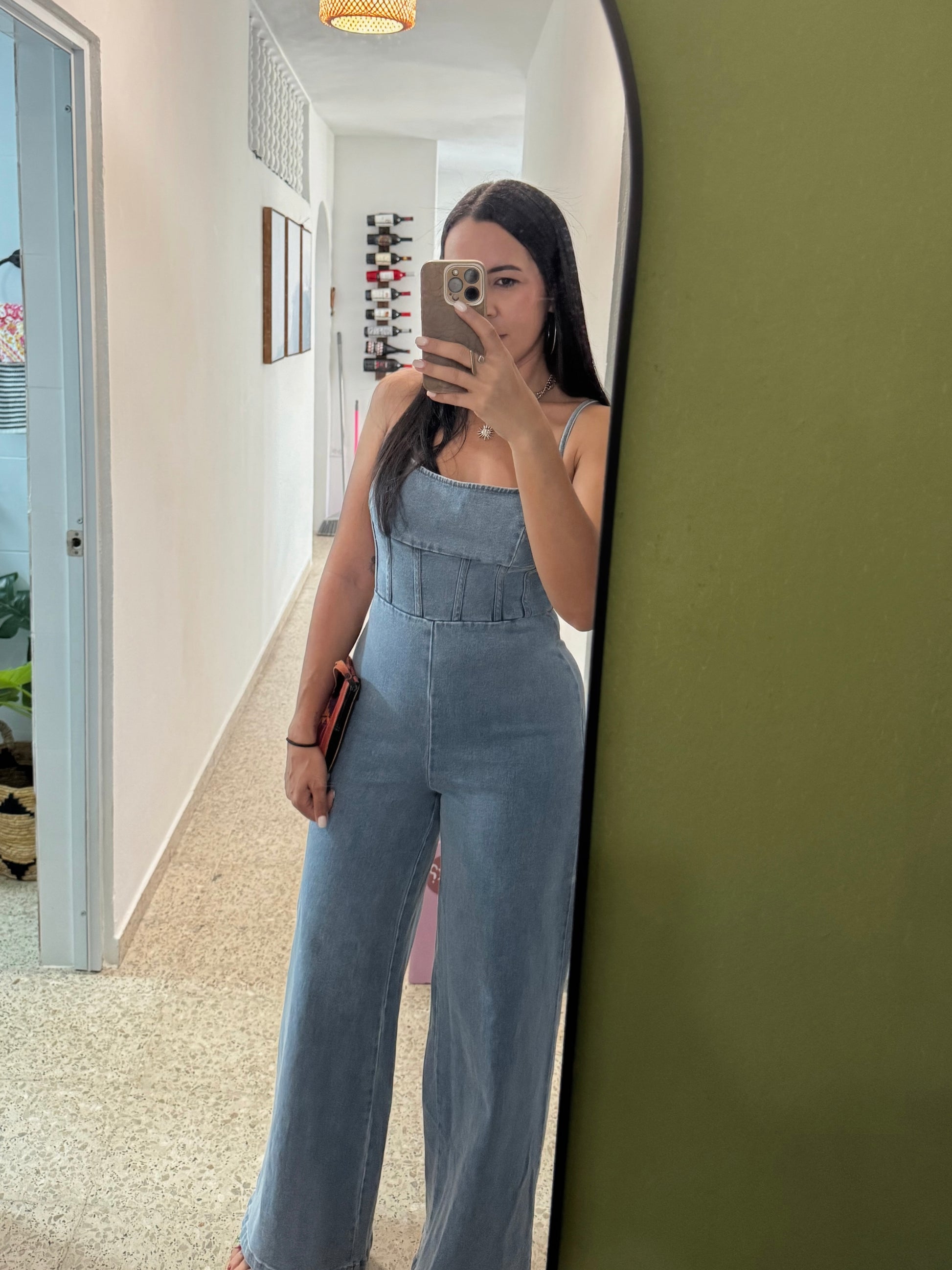 denim open back wide leg jumpsuit 