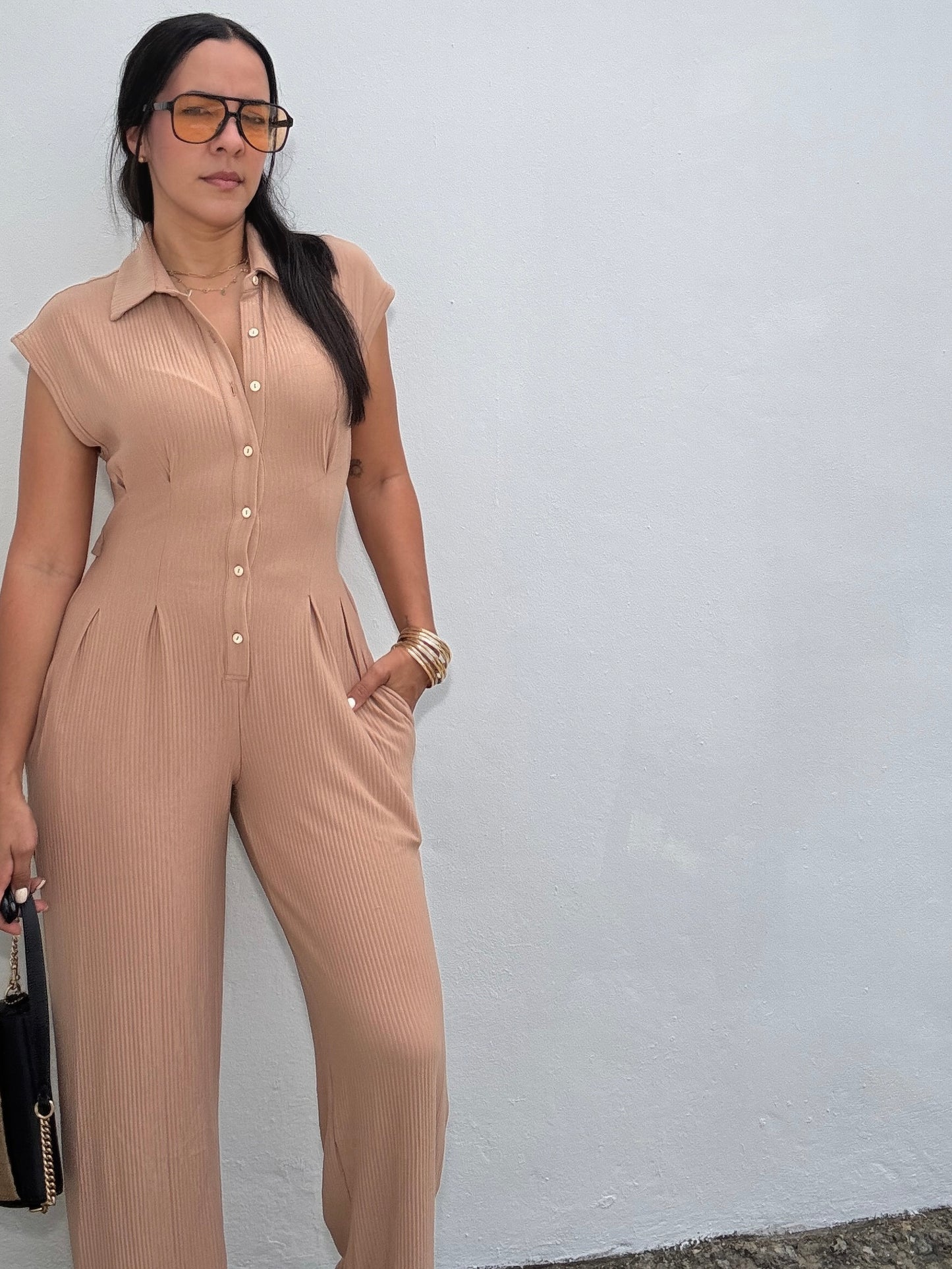 beige cut out back wide leg jumpsuit