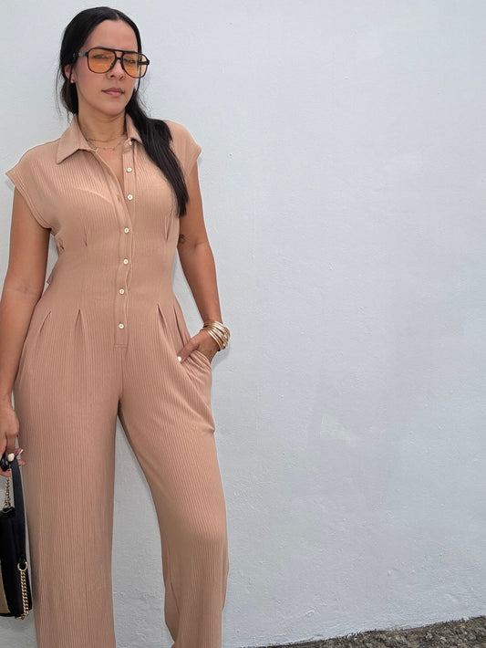 beige cut out back wide leg jumpsuit