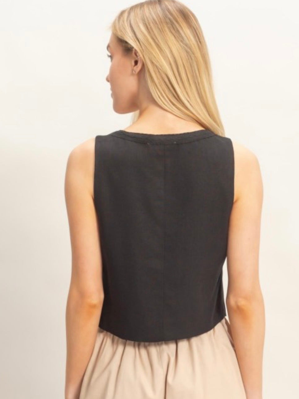 Black Linen Tie-front Top