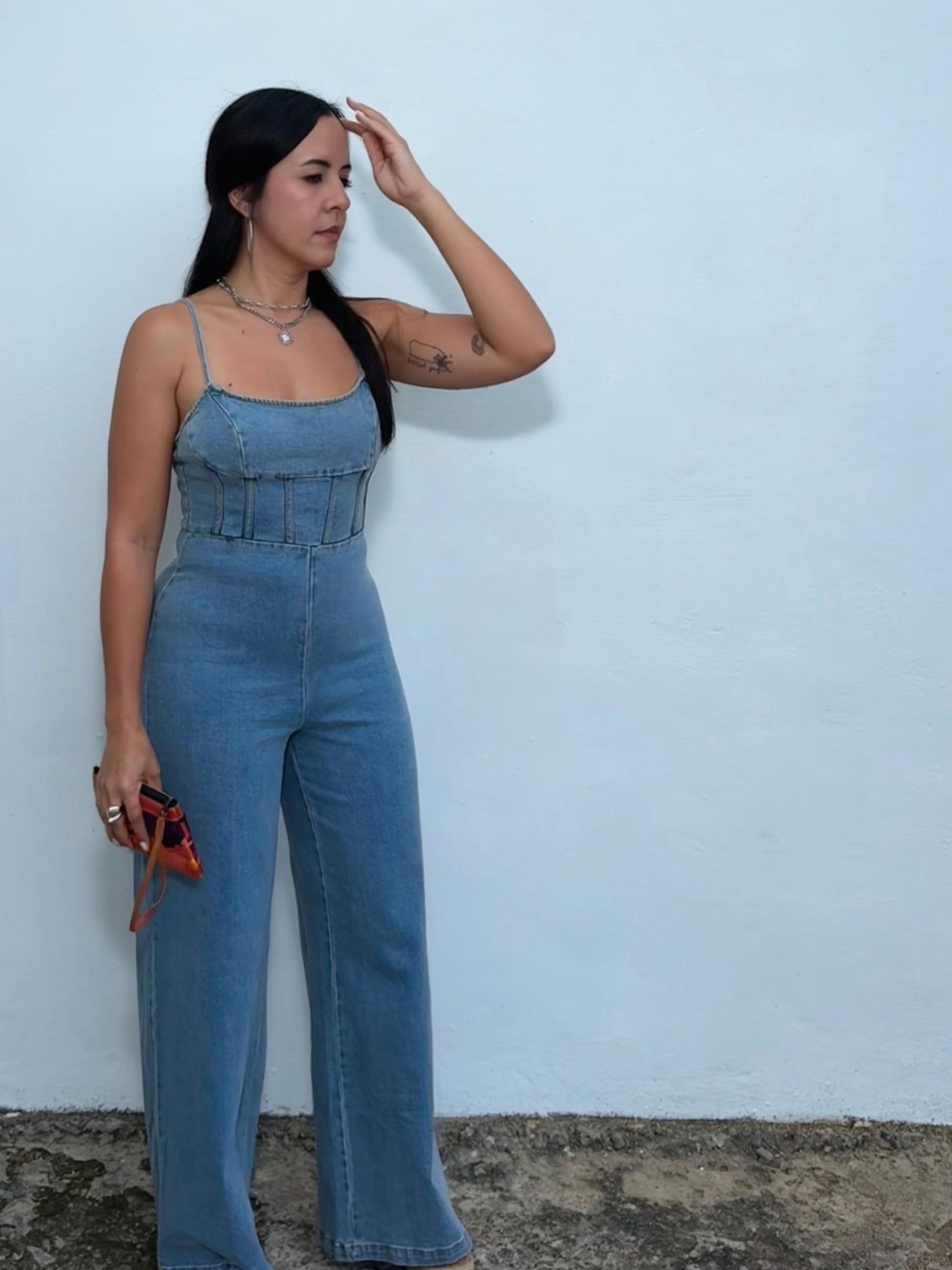 Denim Open Back Wide Leg Jumpsuit