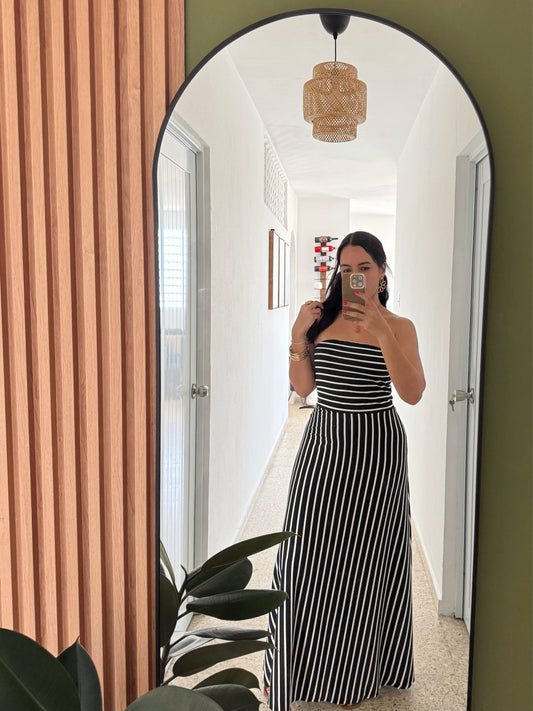 Black and White Strapless Maxi