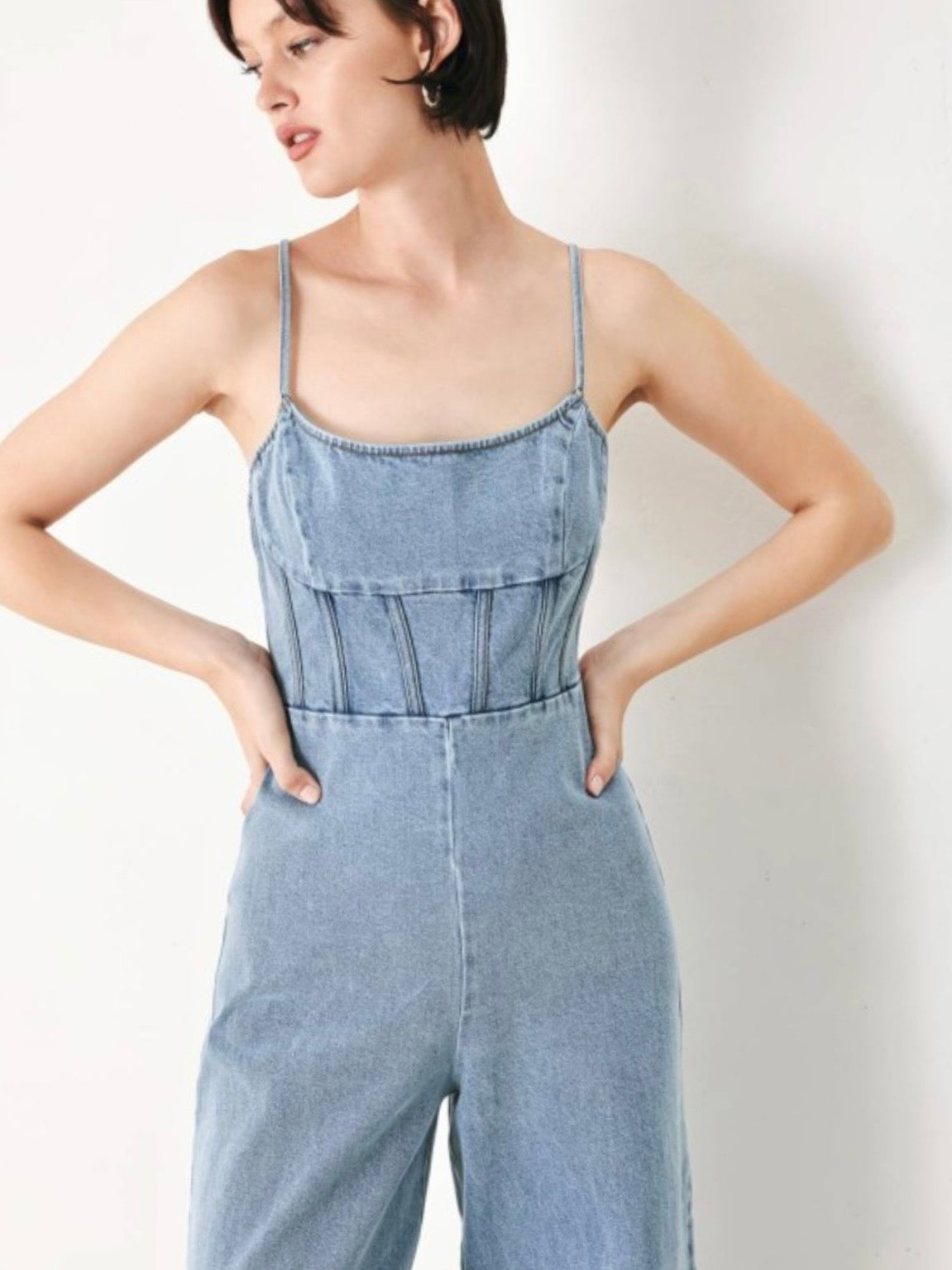 Denim Open Back Wide Leg Jumpsuit