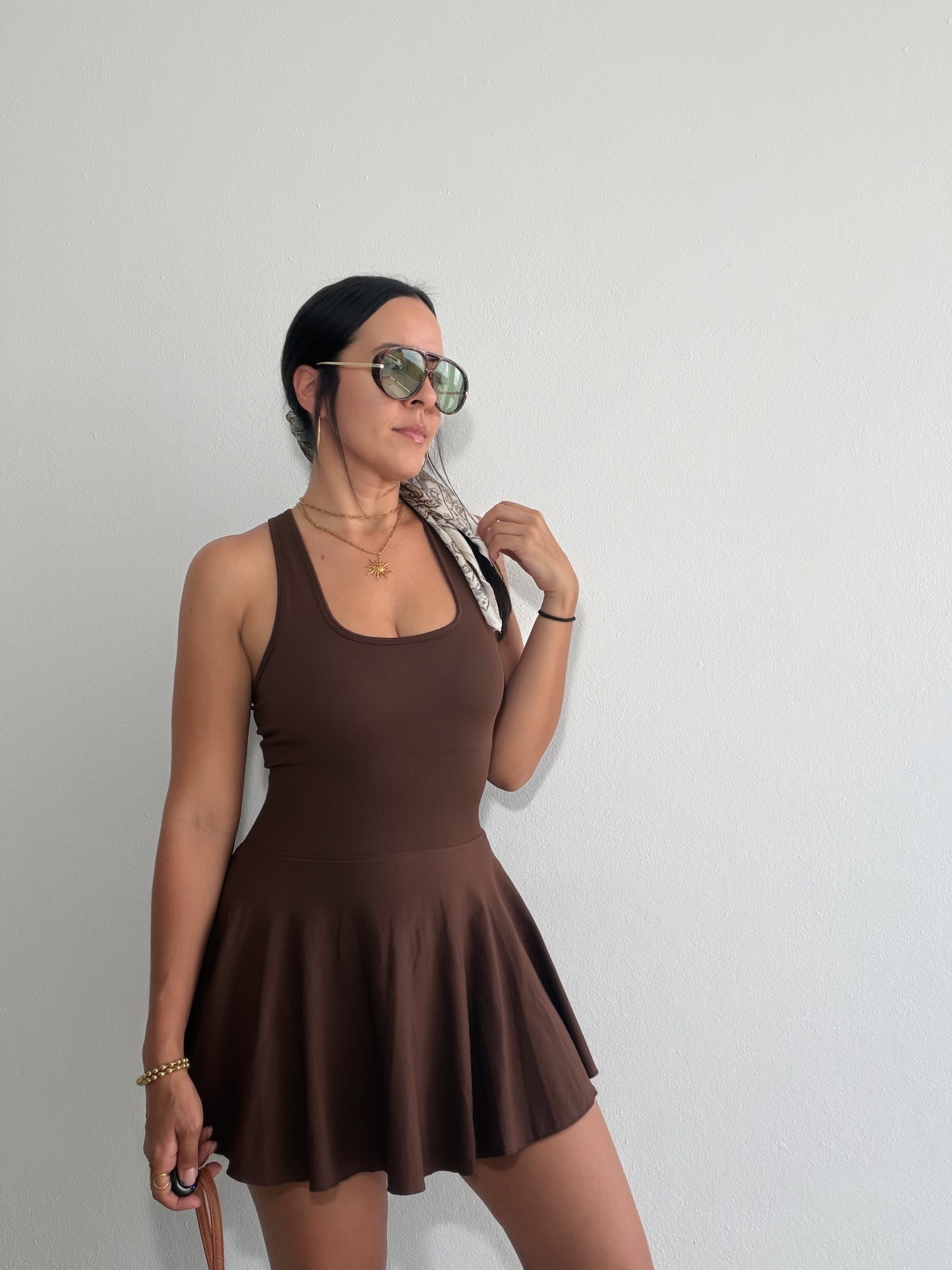 Brown Sporty Chic Dress with Pocket Shorts
