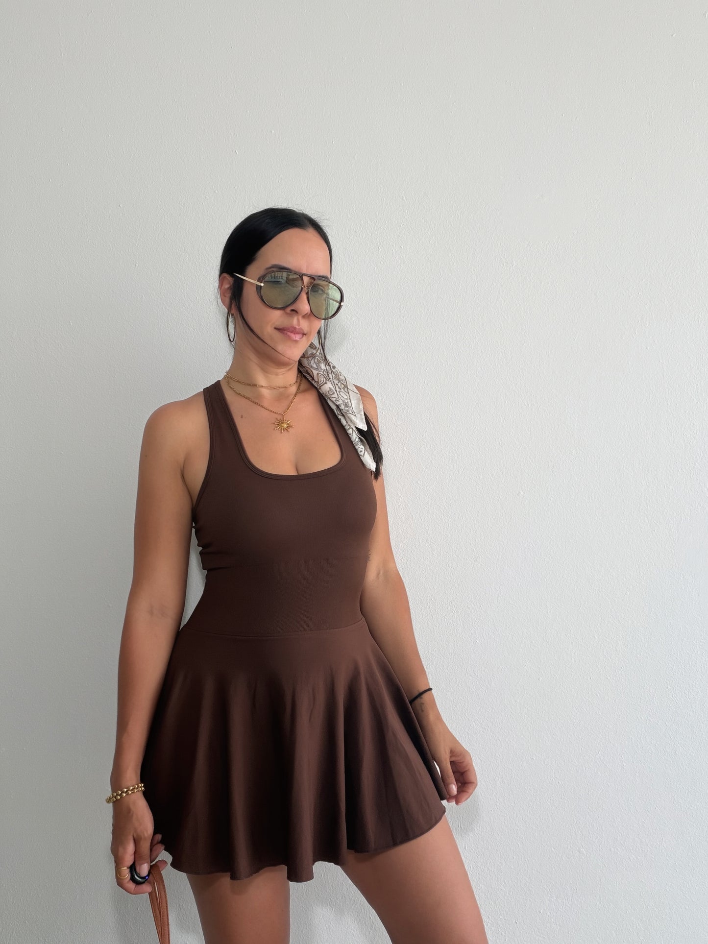 Brown Sporty Chic Dress with Pocket Shorts