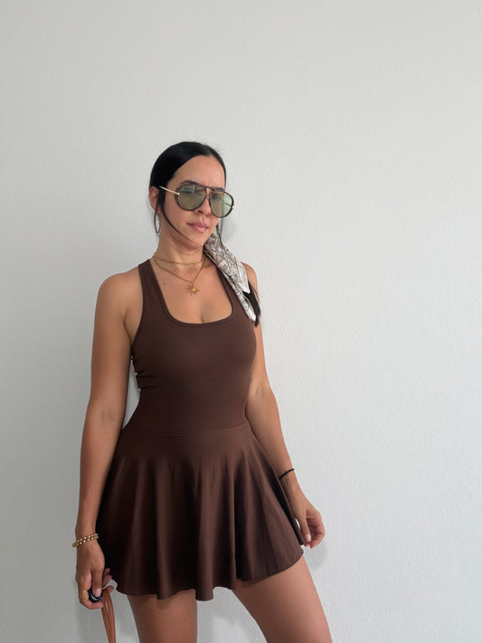 Brown Sporty Chic Dress with Pocket Shorts