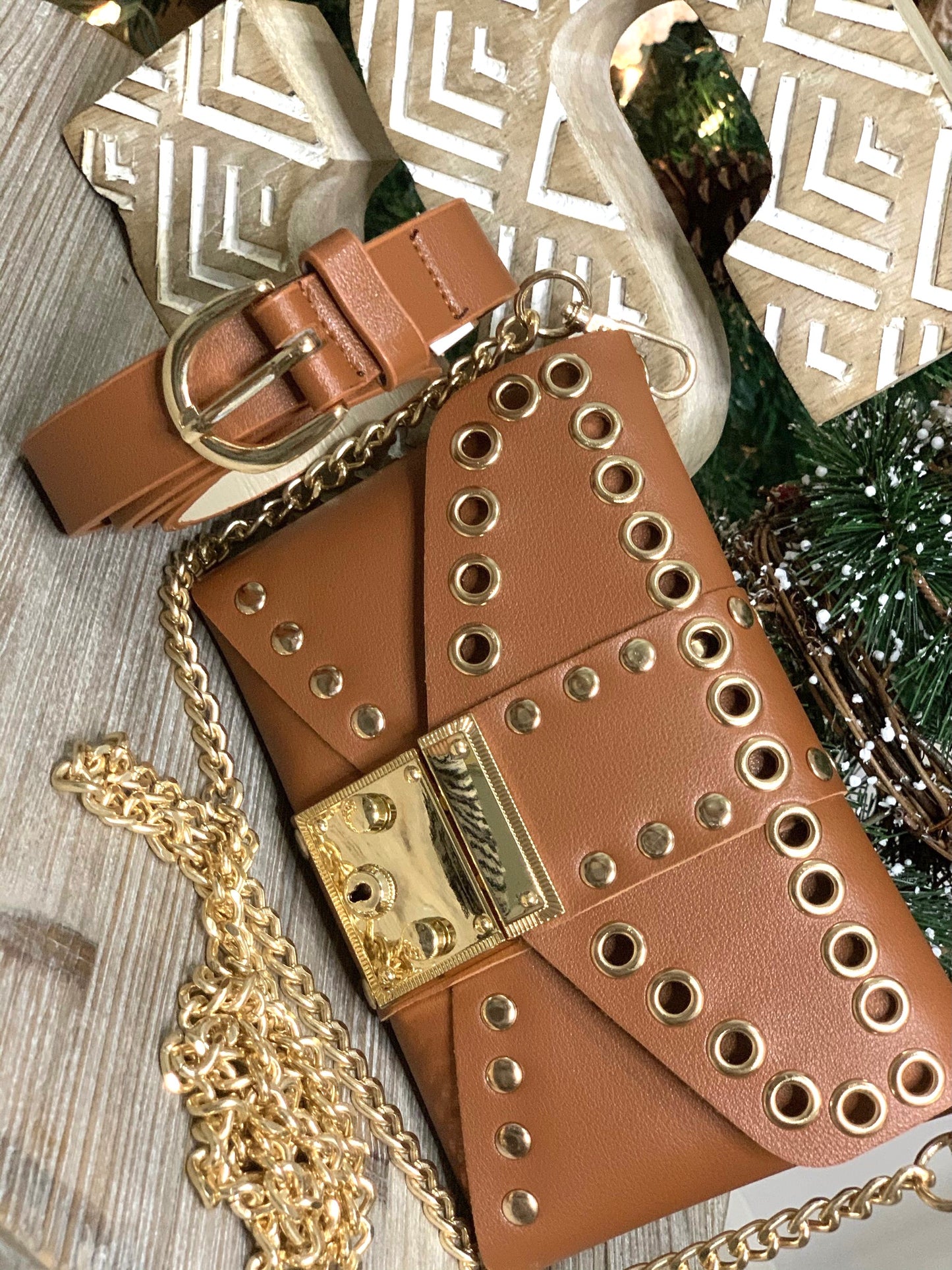 Leather Camel Bag  Chain + Belt