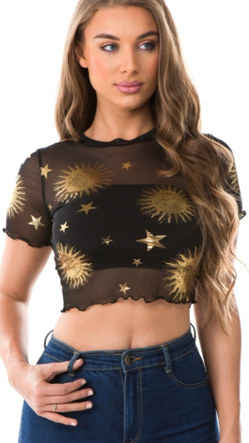 In the Galaxies Mesh Crop Top